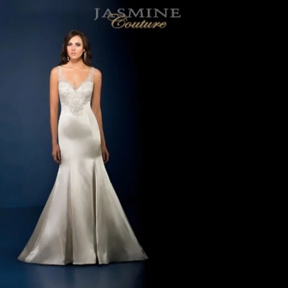 Jasmine Couture Dresses | New Jasmine Couture Bridal Ivory Satin Beaded Trumpet Mermaid Wedding Dress,Sz 6 | Color: Cream/White | Size: 6 | Jillnj311'